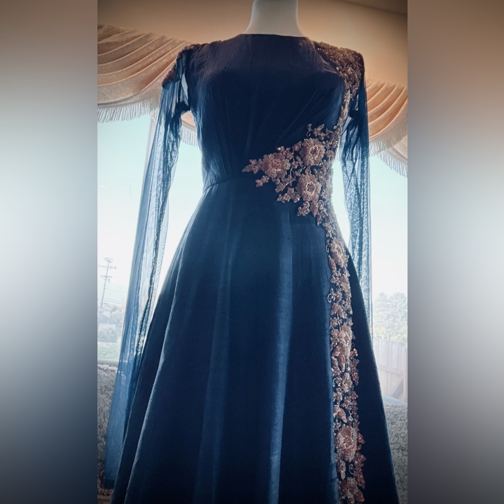Royal Navy Blue Raw Silk hand embroidered Anarkali gown + churidar+ Dupatta